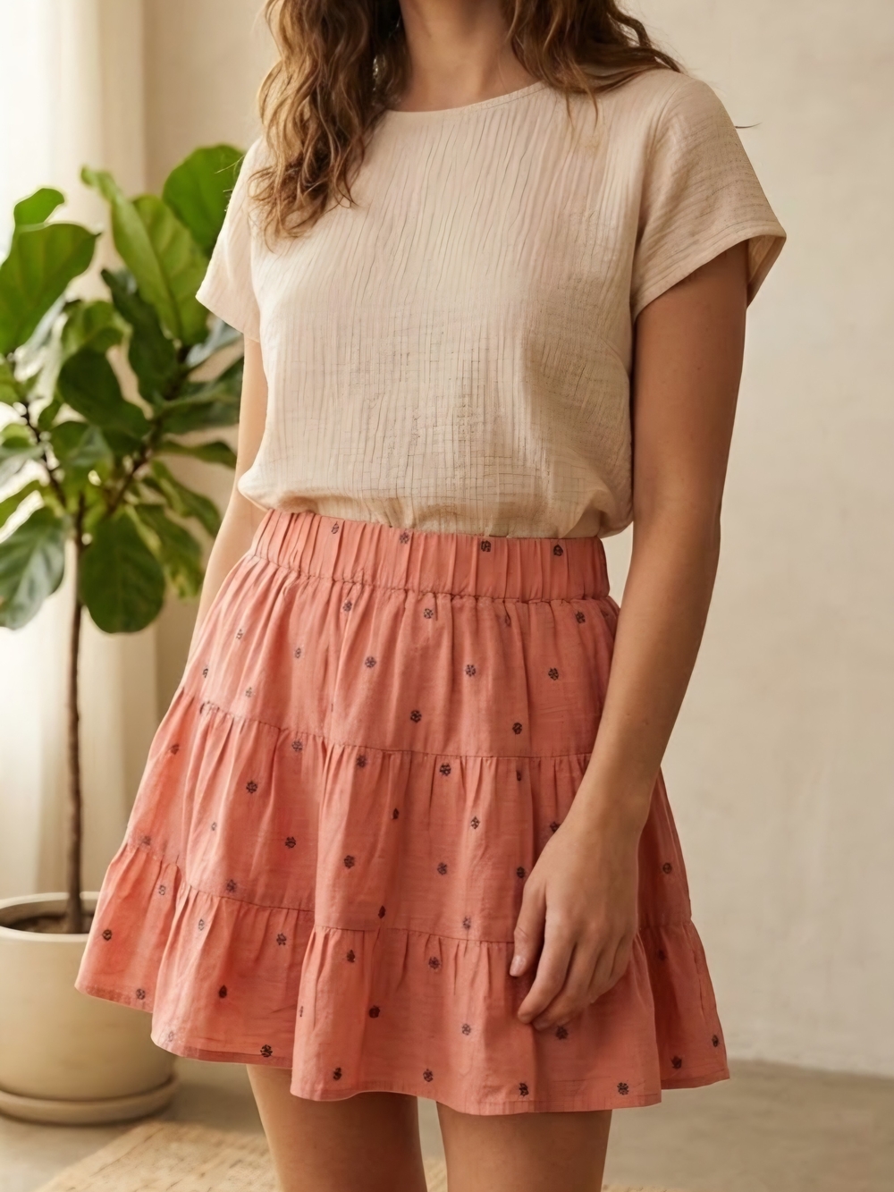Tiered Pink Mini Skirt with Subtle Print